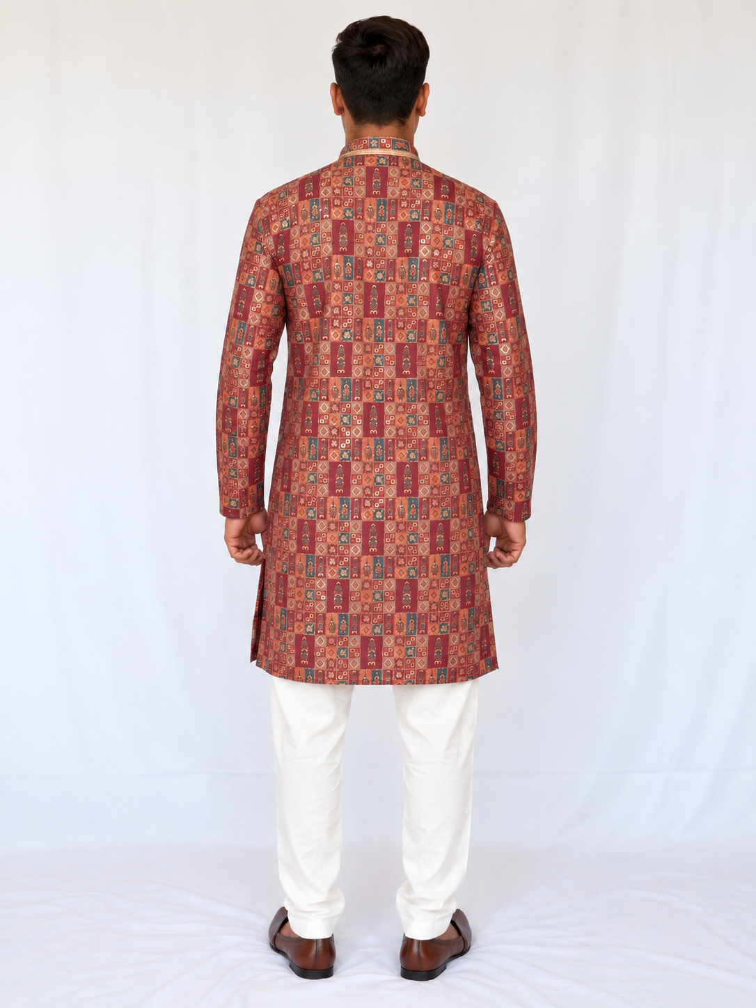 Men’s Orange Maroon Kurta Pajama Set, Soft Armani Fabric Printed Kurta with Golden Shine, Indian Wedding Outfit, Diwali Festive Wear for Men