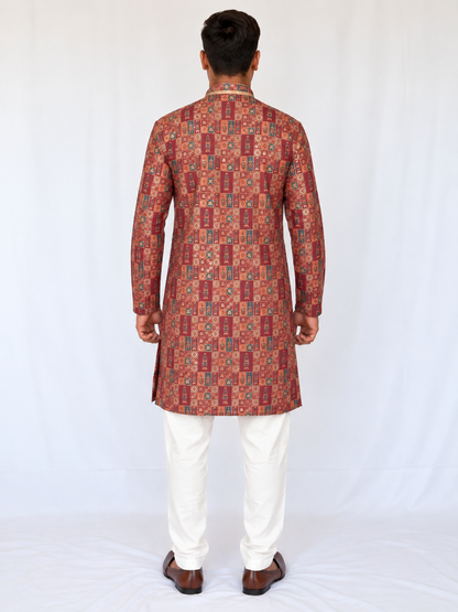 Men’s Orange Maroon Kurta Pajama Set, Soft Armani Fabric Printed Kurta with Golden Shine, Indian Wedding Outfit, Diwali Festive Wear for Men