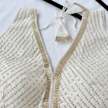 Off white Saree Blouse, V Neck Zari Embroidered Blouse, Sleeveless Ready to Wear Indian Blouse, Wedding Festive Blouse,