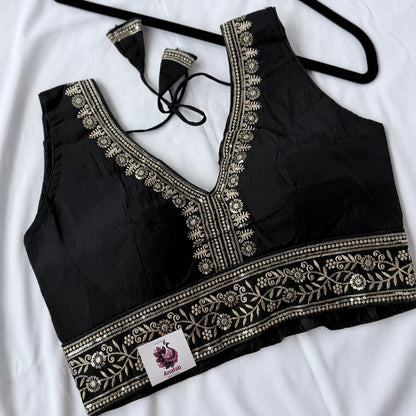 Black Saree Blouse, Gold Zari Embroidered Blouse, Ready to Wear Indian Blouse, Sleeveless Designer Blouse, Wedding Festive Blouse