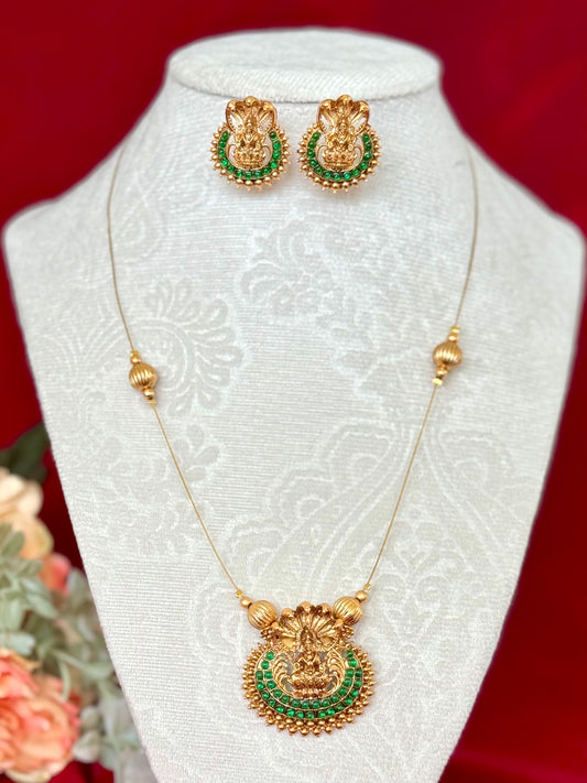 Lakshmi Temple Jewelry Set Antique Gold Necklace with Earrings | South Indian Goddess Pendant Green Stone Chain | Festival Wedding Jewelry G
