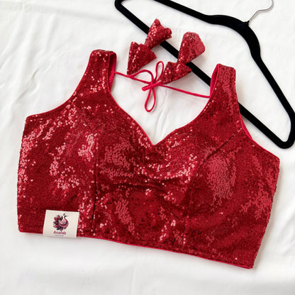 Red Sequin Saree Blouse, Readymade Sleeveless Blouse, Padded Party Wear Blouse, Sparkly Indian Blouse, Wedding Blouse, Crop top