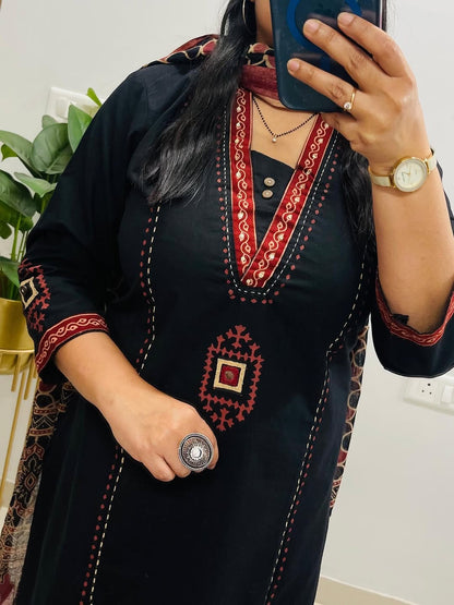 Black Dabu Cotton Suit Set | Mirror Work Kurta |  Handblock Print Dupatta | Soft Comfortable Office wear | Casual Ethnic Wear for Women