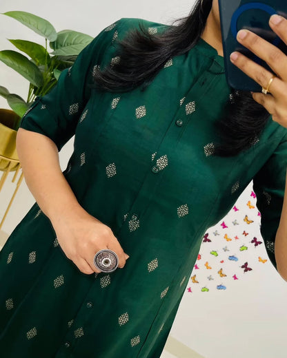 Emerald Green Cotton Co-Ord Set for Women, Princess Cut A Line Kurti with Pants, Ethnic Co-ords with Pockets, Daily Wear Outfit, office wear