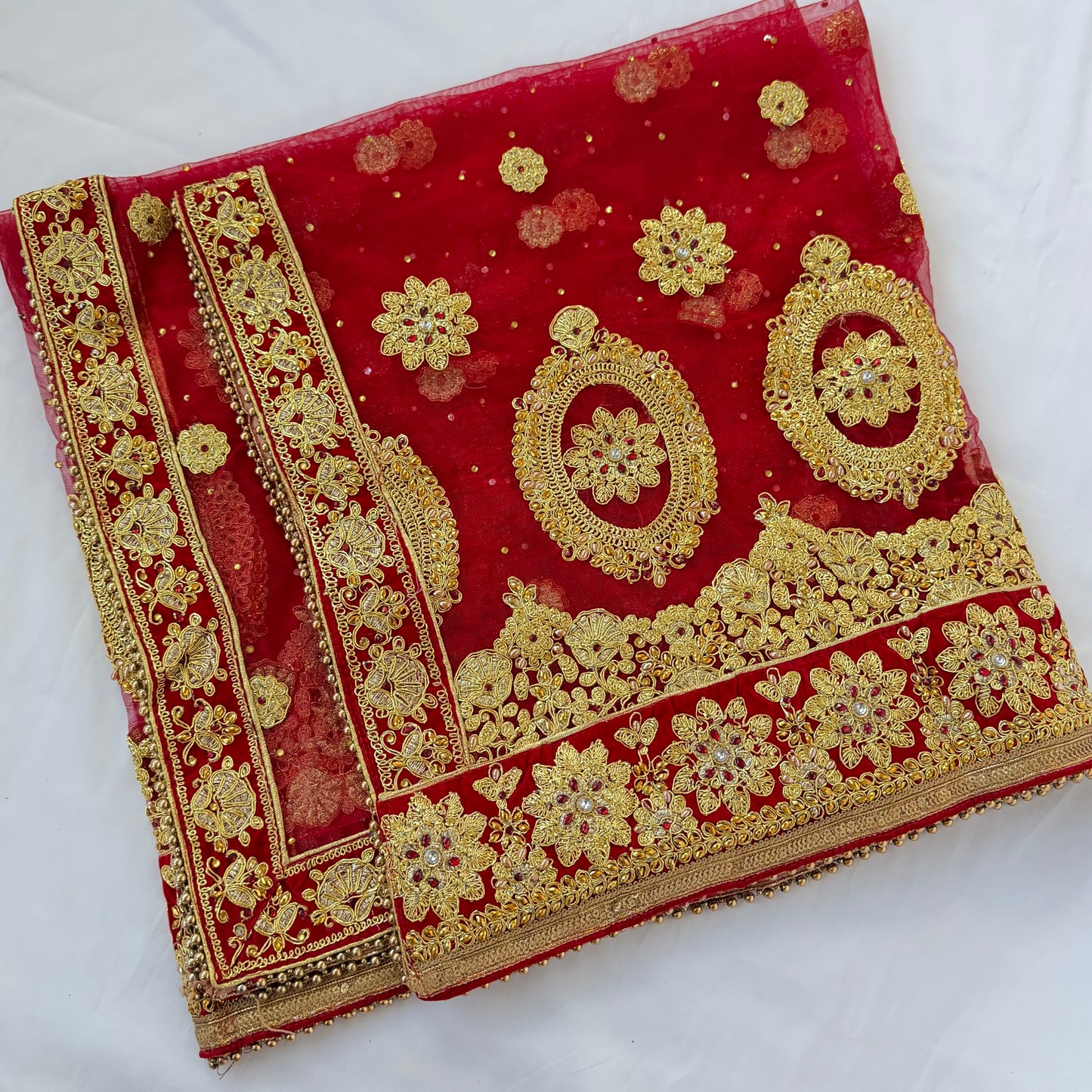 Bridal Red Net Dupatta with Heavy Zardozi Embroidery, Wedding Chunni, Dulhan Dupatta, Gold Lace Veil, Indian Bridal Dupatta
