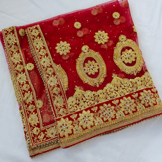 Bridal Red Net Dupatta with Heavy Zardozi Embroidery, Wedding Chunni, Dulhan Dupatta, Gold Lace Veil, Indian Bridal Dupatta