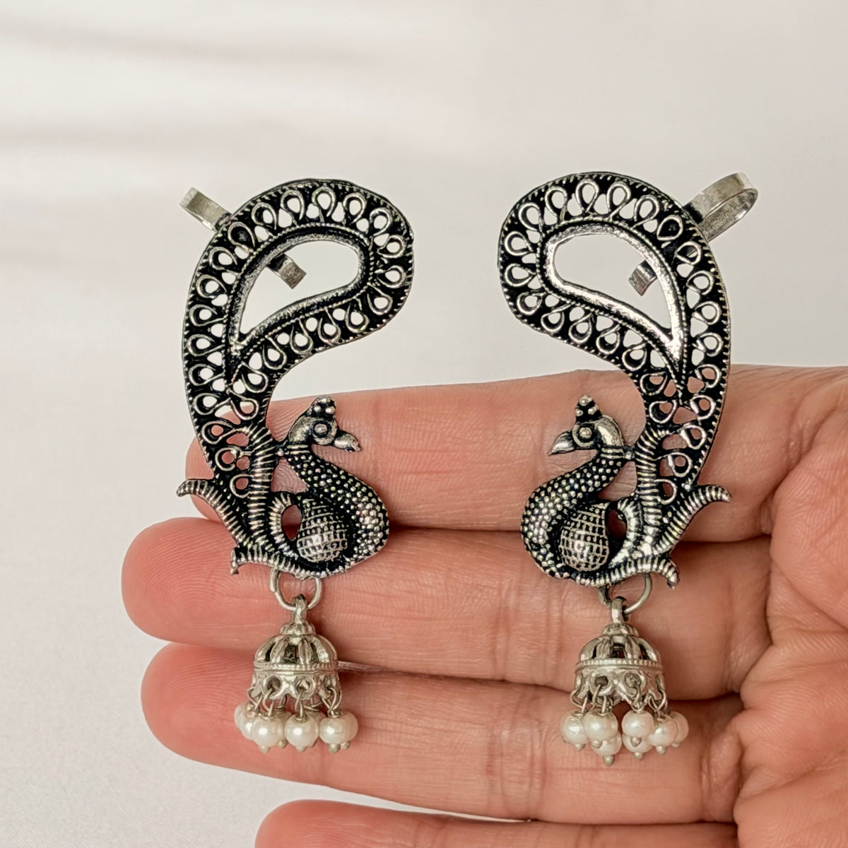 Oxidized Silver Peacock Ear Cuff Earrings, Traditional Jhumka Earrings, Statement Indian Jewelry, Ethnic Ear Wrap Earrings, Boho Jewelry