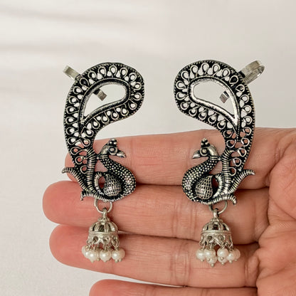 Oxidized Silver Peacock Ear Cuff Earrings, Traditional Jhumka Earrings, Statement Indian Jewelry, Ethnic Ear Wrap Earrings, Boho Jewelry