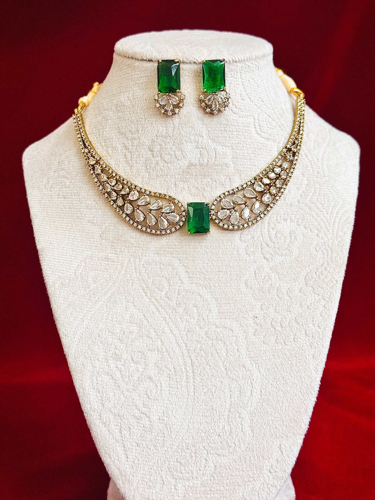 Emerald Green CZ Necklace Set, Indian Bridal Choker Jewelry, Gold Tone Statement Necklace with Earrings, Wedding Party Wear Set for Women