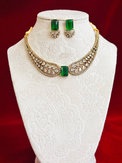 Emerald Green CZ Necklace Set, Indian Bridal Choker Jewelry, Gold Tone Statement Necklace with Earrings, Wedding Party Wear Set for Women