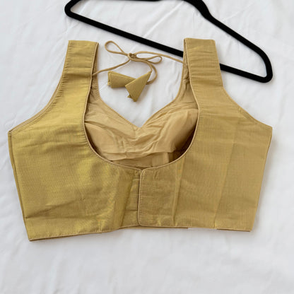 Antique Gold Tissue Silk Saree Blouse, Ready to Wear Golden Blouse, Padded V Neck Blouse, Indian Saree Blouse, Festive Wedding Blouse , Crop