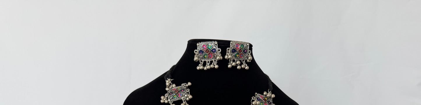 Oxidized Silver Necklace Set with Multicolor Enamel & Ghungroo, Indian Tribal Statement Jewelry, Boho Necklace Earrings Set, Festive Jewelry