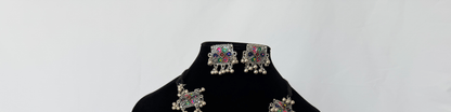 Oxidized Silver Necklace Set with Multicolor Enamel & Ghungroo, Indian Tribal Statement Jewelry, Boho Necklace Earrings Set, Festive Jewelry