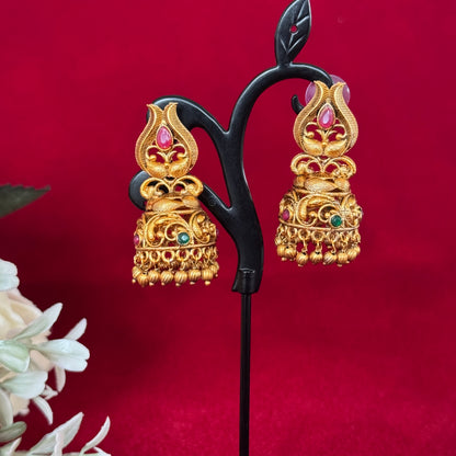 Antique Gold Temple Jhumka Earrings with Pink & Green Stones | Traditional Matte Gold Jhumki | Bridal Ethnic Earrings | South Indian Temple