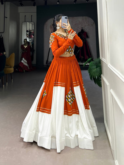 Navratri Lehenga Choli for Women, Orange White Garba Chaniya Choli, Gamthi Patchwork Lehenga, Kutchi Style Dandiya Raas Outfit