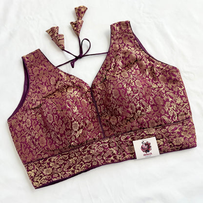 Wine Purple Gold Brocade Blouse, Ready to Wear Indian Blouse, Padded Designer Blouse, Deep Back Neck Blouse, Party wear blouse, crop top