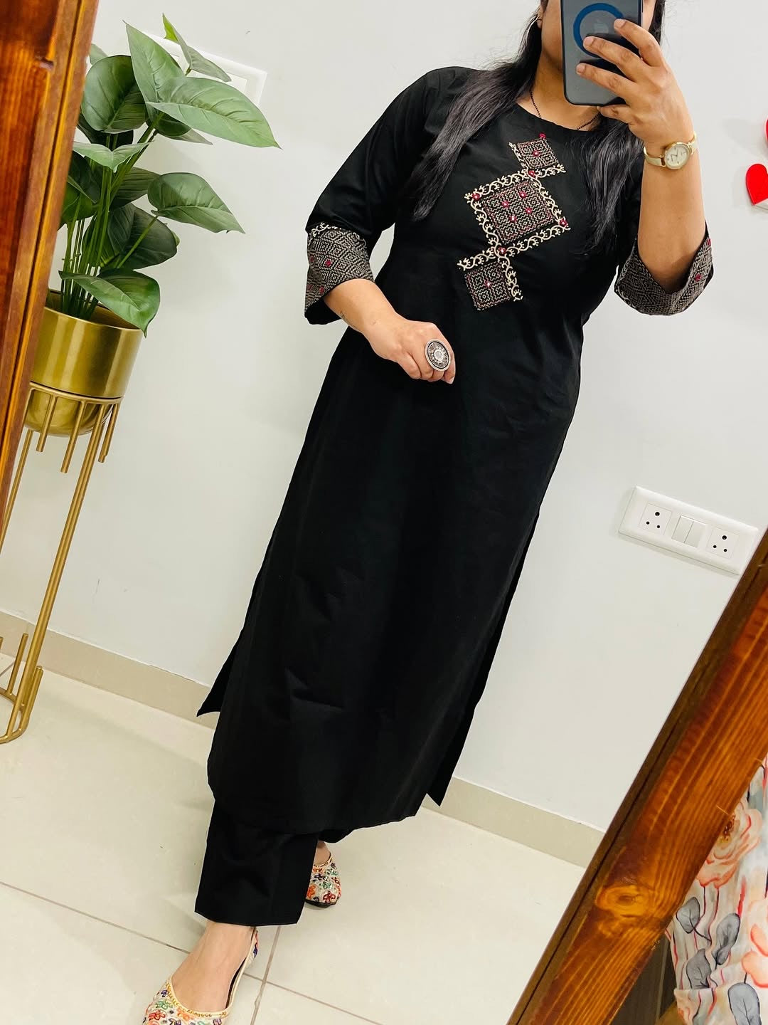 Black Cotton Co-Ord Set for Women | Mirror & Thread Embroidered A-Line Kurti | Ankle Length Pants with Pockets | Elegant Everyday Wear |
