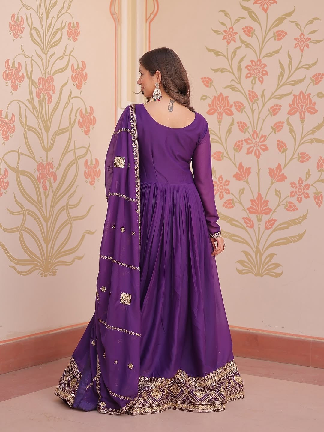 Purple Anarkali Gown with Dupatta, Georgette Embroidered Indian Dress, Zari Sequin Long Gown, Wedding Outfit for Women, festive Outfit, ethn