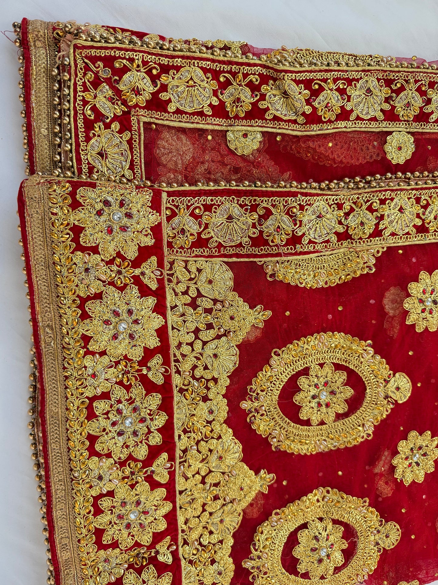 Bridal Red Net Dupatta with Heavy Zardozi Embroidery, Wedding Chunni, Dulhan Dupatta, Gold Lace Veil, Indian Bridal Dupatta