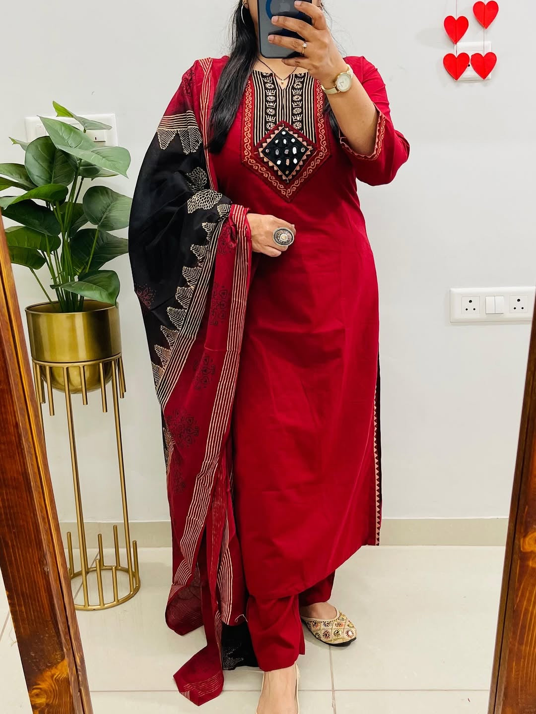 Red Dabu Cotton Suit Set with Dupatta, Kutch Work Kurta Set, Pure Cotton Salwar Suit, Ethnic Indian Suit for Women, Daily Wear Kurti Set