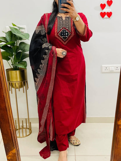 Red Dabu Cotton Suit Set with Dupatta, Kutch Work Kurta Set, Pure Cotton Salwar Suit, Ethnic Indian Suit for Women, Daily Wear Kurti Set