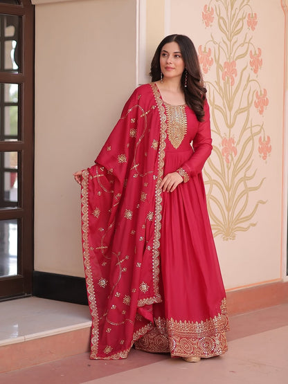 Rani Pink Anarkali Gown with Dupatta, Georgette Embroidered Indian Dress, Zari Sequin Long Gown, Wedding Outfit for Women, festive Outfit