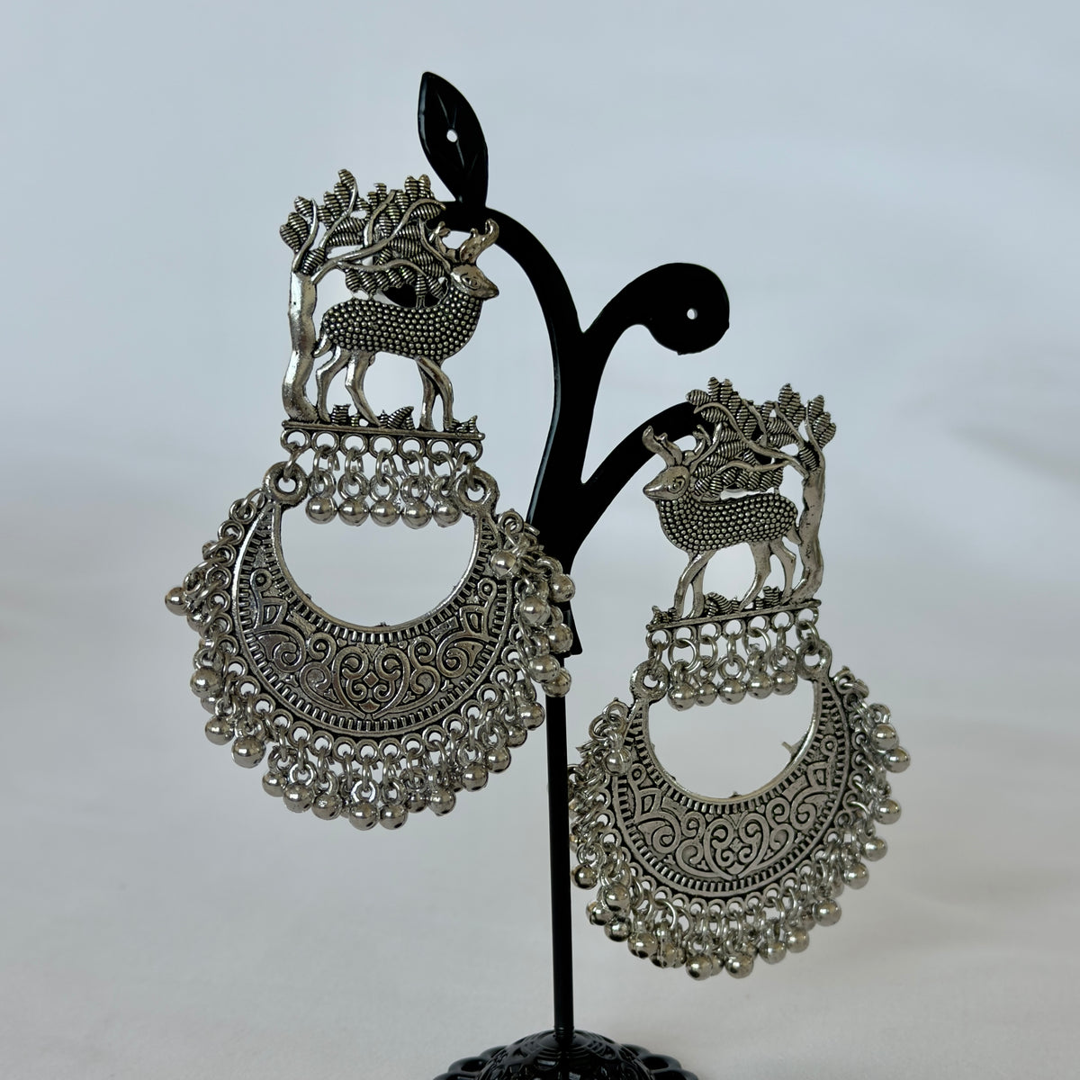 Oxidized Silver Deer Chandbali Earrings, Statement Indian Jhumka Earrings, Tribal Boho Jewelry, Ghungroo Dangle Earrings, Ethnic Wedding Jewelry