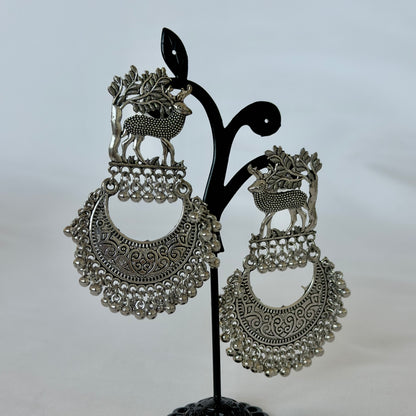 Oxidized Silver Deer Chandbali Earrings, Statement Indian Jhumka Earrings, Tribal Boho Jewelry, Ghungroo Dangle Earrings, Ethnic Wedding Jewelry