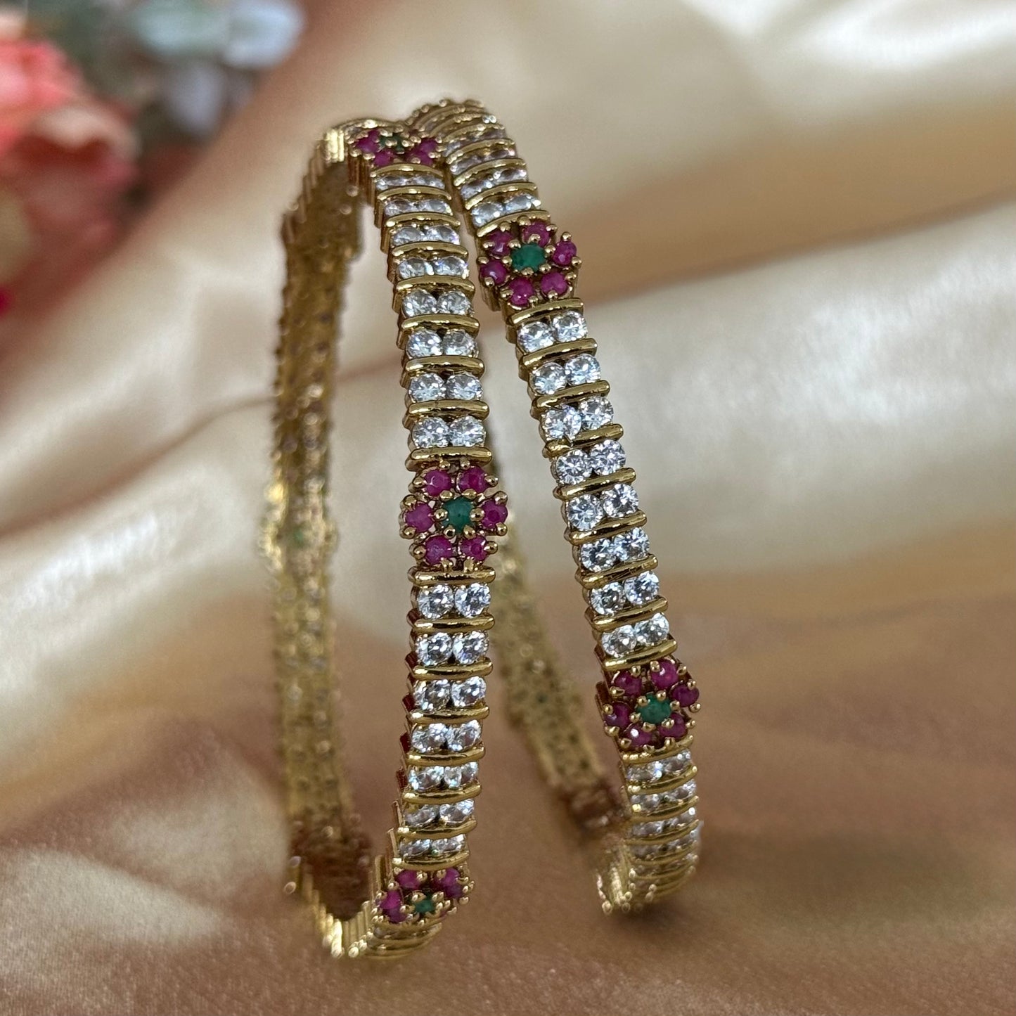 Elegant Gold Bangles Set with Ruby Emerald Floral Design | CZ Diamond Look Kada | Indian Wedding Bridal Jewelry | Gift for Her