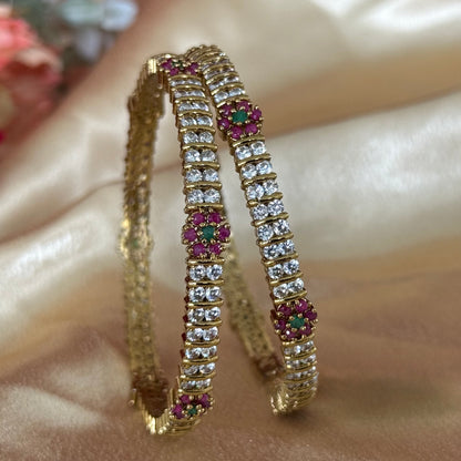 Elegant Gold Bangles Set with Ruby Emerald Floral Design | CZ Diamond Look Kada | Indian Wedding Bridal Jewelry | Gift for Her