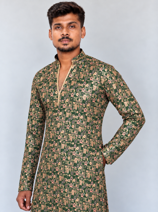 Men’s Green Printed Kurta Pajama Set, Armani Fabric Kurta with Golden Shine, Indian Ethnic Wear, Festive Diwali Wedding Outfit for Men