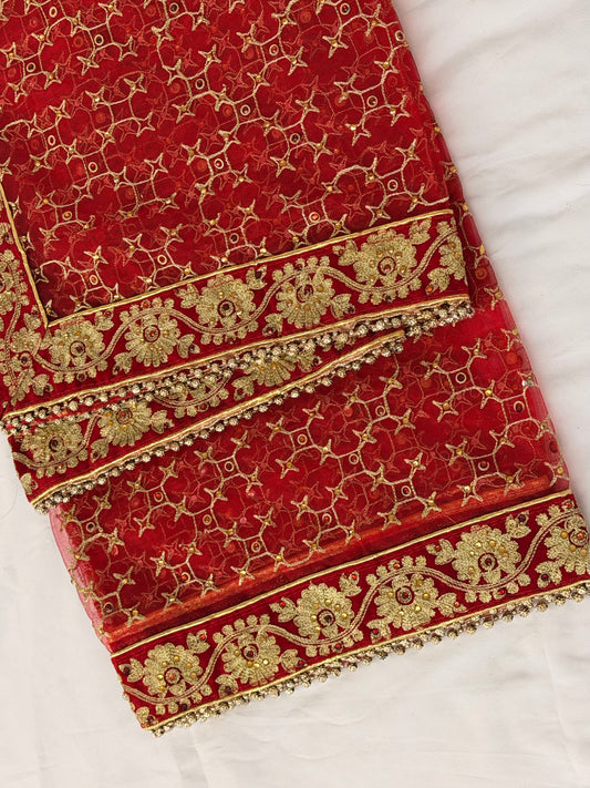 Red Bridal Net Dupatta for Lehenga | Heavy Embroidered Dulhan Dupatta | Indian Wedding Chunni | Bridal Veil with Gold Border | Bride Dupatta