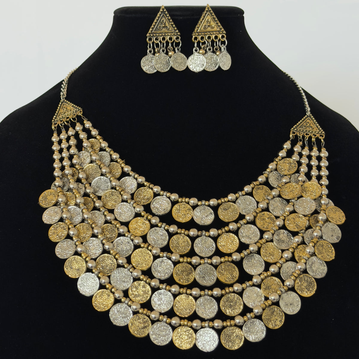 Oxidized Silver Gold Coin Necklace Set, 5 Layer Indian Statement Necklace with Earrings, Navratri Garba Jewelry, Tribal Boho Ethnic Jewelry