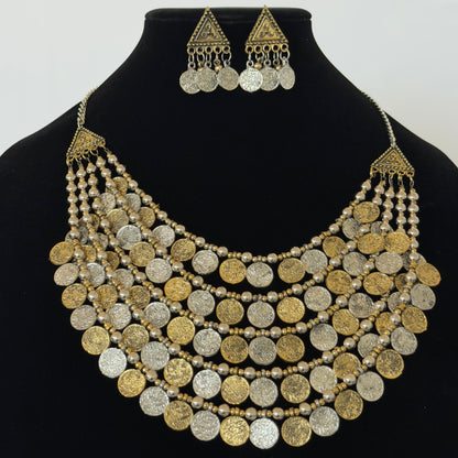 Oxidized Silver Gold Coin Necklace Set, 5 Layer Indian Statement Necklace with Earrings, Navratri Garba Jewelry, Tribal Boho Ethnic Jewelry