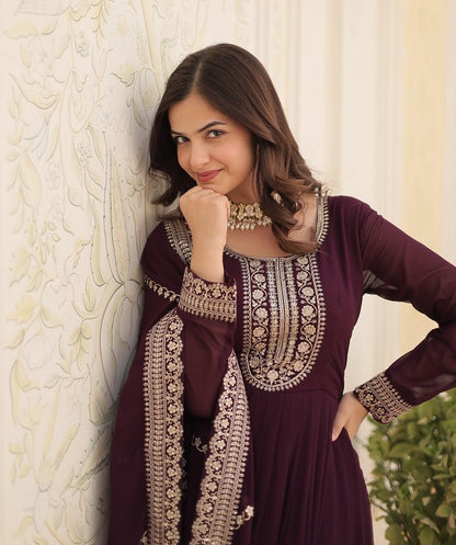 Wine Embroidered Gown with Dupatta | Fully Stitched Anarkali Style Dress | Indian Ethnic Wear for Weddings & Parties