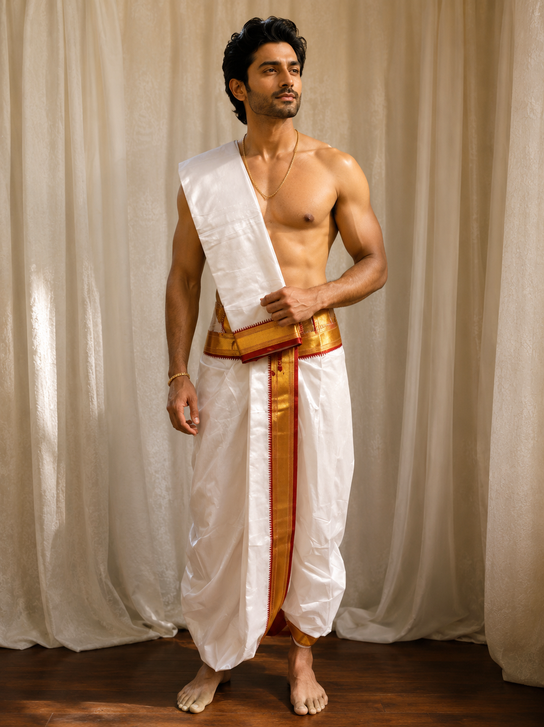 Men’s White Dhoti Dupatta Set for Puja | Traditional South Indian Dhoti with Golden Zari Border | Hindu Ceremony Wear | Temple Wedding Outf