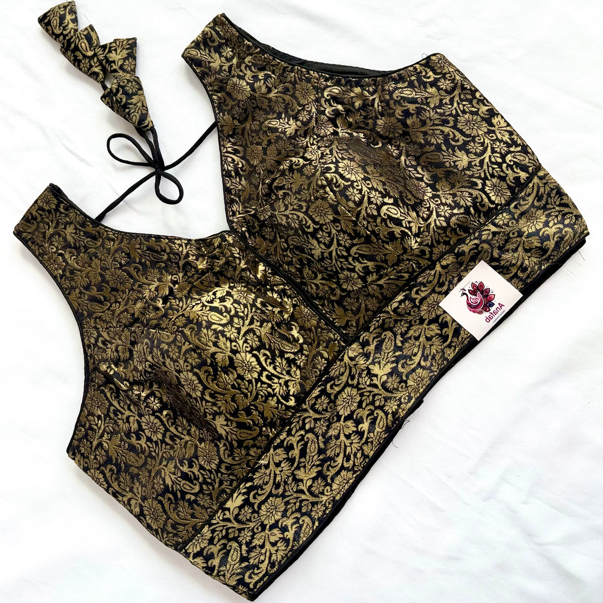 Black & Gold Brocade Saree Blouse, Readymade Indian Blouse, Padded Designer Blouse, Deep Back Neck Choli, Wedding Festive Blouse, Crop top