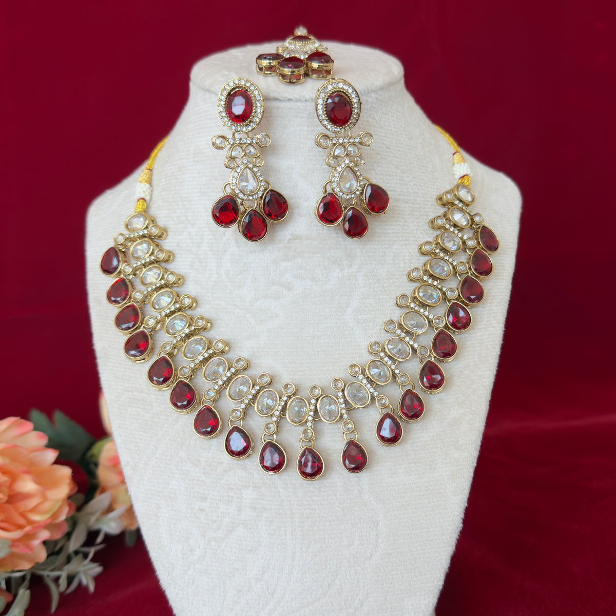 Maroon Kundan Necklace Set with Earrings & Maang Tikka, Indian Bridal Jewelry Set, Gold Tone Kundan Wedding Necklace, Traditional Jewelry