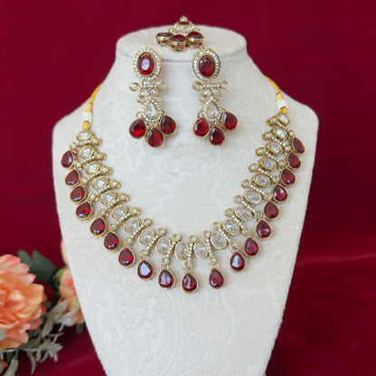 Maroon Kundan Necklace Set with Earrings & Maang Tikka, Indian Bridal Jewelry Set, Gold Tone Kundan Wedding Necklace, Traditional Jewelry