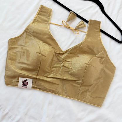 Gold Tissue Silk Saree Blouse, Ready to Wear Golden Blouse, Padded V Neck Blouse, Indian Saree Blouse, Festive Wedding Blouse , Crop top