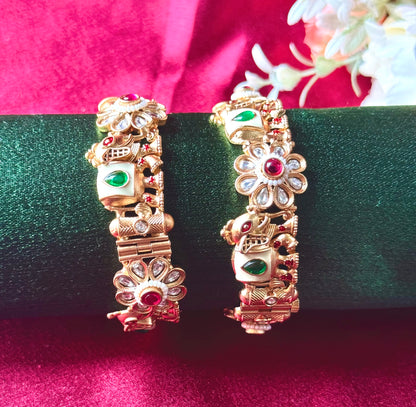 Floral Elephant Rajwadi Openable Kada Bangles | Antique Gold Traditional Bridal Jewelry