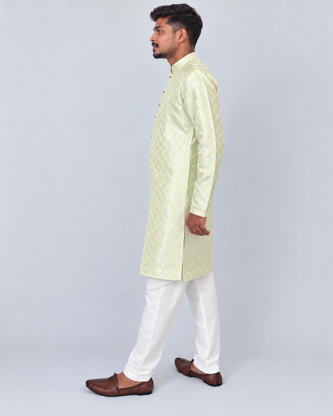 Men’s Pista Green Jacquard Kurta Pajama Set, Golden Woven Design Indian Traditional Outfit, Wedding Festive Wear, Diwali Kurta, Ships from U