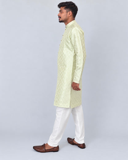 Men’s Pista Green Jacquard Kurta Pajama Set, Golden Woven Design Indian Traditional Outfit, Wedding Festive Wear, Diwali Kurta, Ships from U
