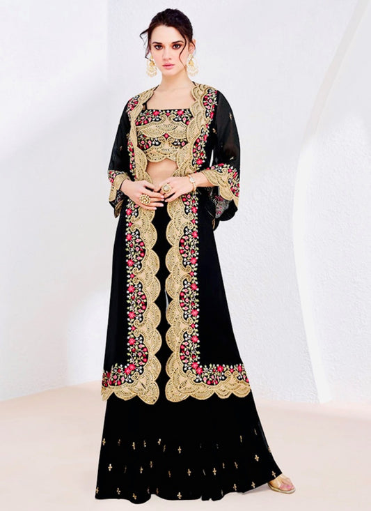 Elegant Black Georgette Embroidered Lehenga Set with Jacket for Women – Traditional Indian Festive Wear with Gold and Pink Floral Detailing