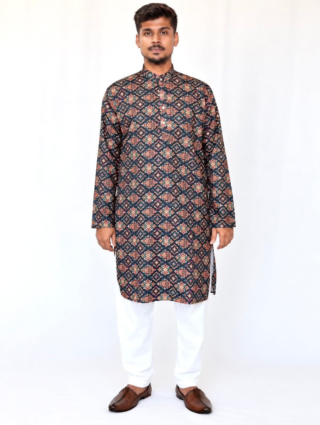 Men’s Printed Kurta Pajama Set, Navy Blue Multicolor Ethnic Kurta, Traditional Indian Outfit for Men, Diwali Outfit, Wedding Festive Wear,