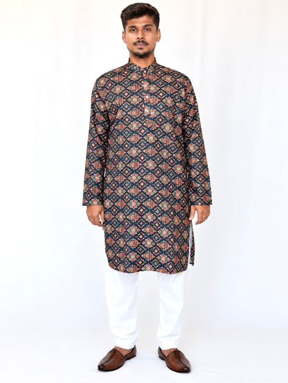 Men’s Printed Kurta Pajama Set, Navy Blue Multicolor Ethnic Kurta, Traditional Indian Outfit for Men, Diwali Outfit, Wedding Festive Wear,