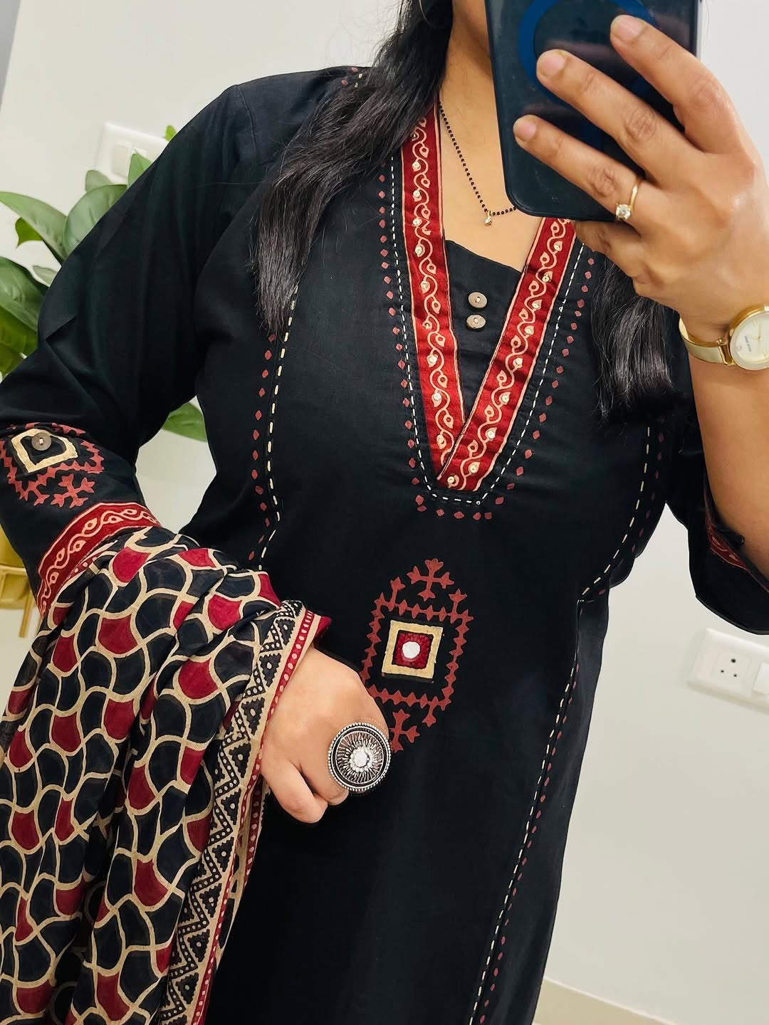 Black Dabu Cotton Suit Set | Mirror Work Kurta |  Handblock Print Dupatta | Soft Comfortable Office wear | Casual Ethnic Wear for Women