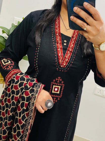 Black Dabu Cotton Suit Set | Mirror Work Kurta |  Handblock Print Dupatta | Soft Comfortable Office wear | Casual Ethnic Wear for Women