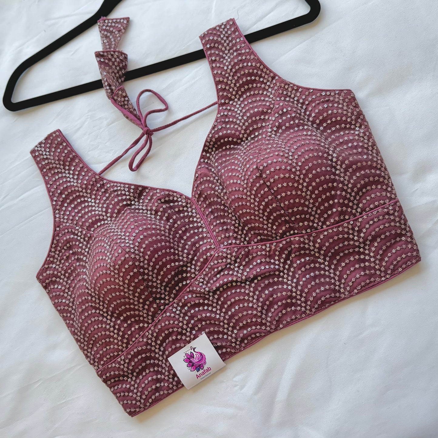 Elegant Dark Mauve Sequin Designer Blouse | Luxury Readymade Saree Blouse | Padded | Wedding, Festive & Party Wear | Crop top | Lehenga top