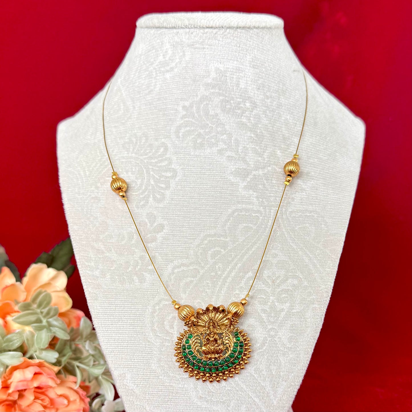Lakshmi Temple Jewelry Set Antique Gold Necklace with Earrings | South Indian Goddess Pendant Green Stone Chain | Festival Wedding Jewelry G